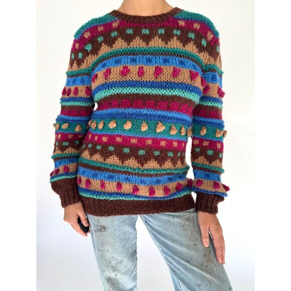 90s vintage multicolor striped polka dot pom poms textured chunky knit sweater - Picture 3 of 9